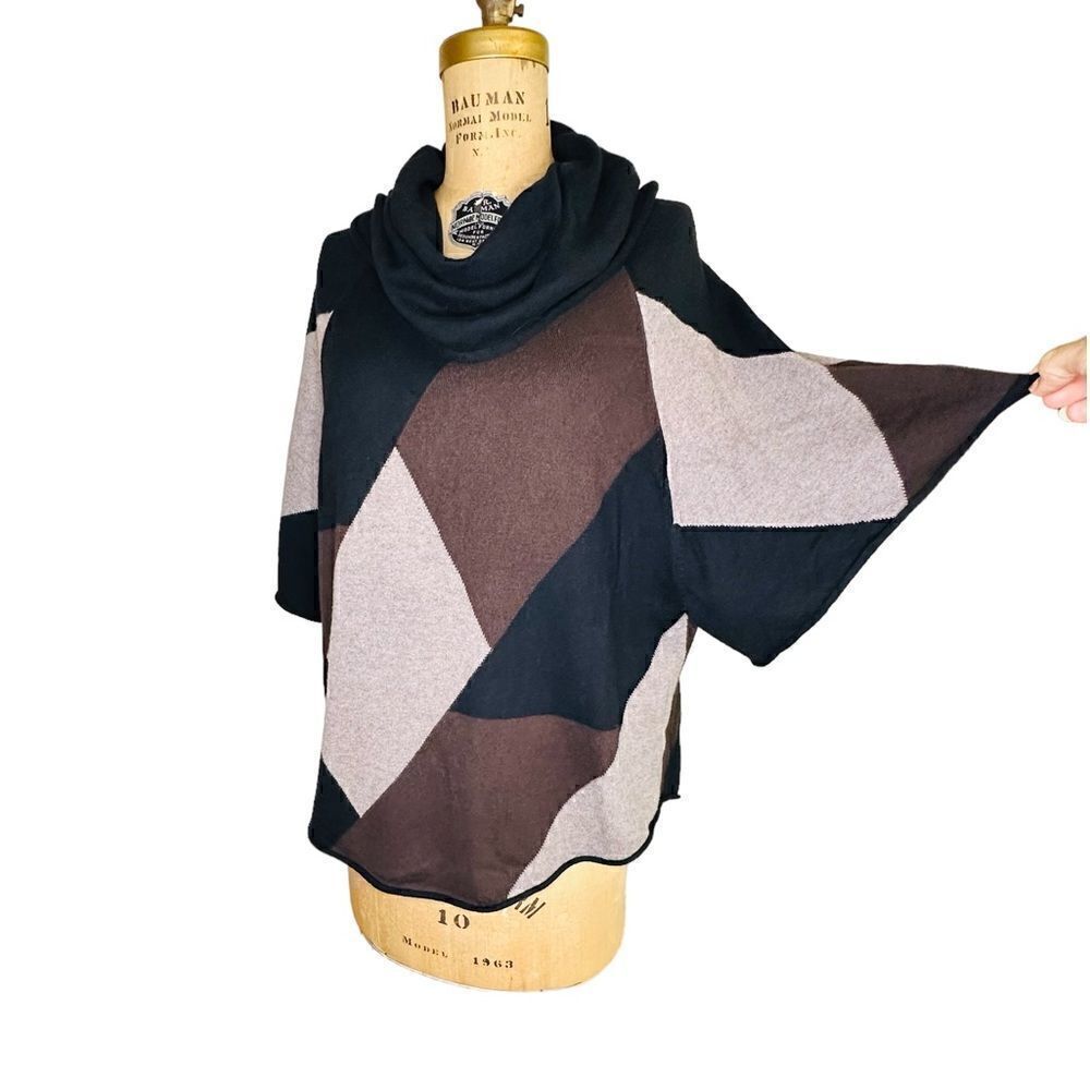 Style & Co Petite Geometric Black and Brown Cowl neck Poncho Sweater Small